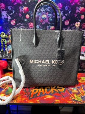 Michael Kors Black Logo-Print Messenger Tote with Silver Hardware